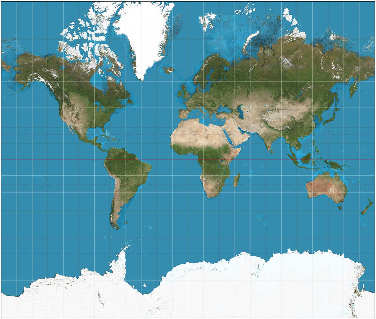Mercator projection of the world centred around Europe.  Purpose of image is to highlight how a 2D representation of the world is not accurate.  © Daniel R. Strebe, 15 August 2011 / Wikimedia Commons / CC-BY-SA-3.0